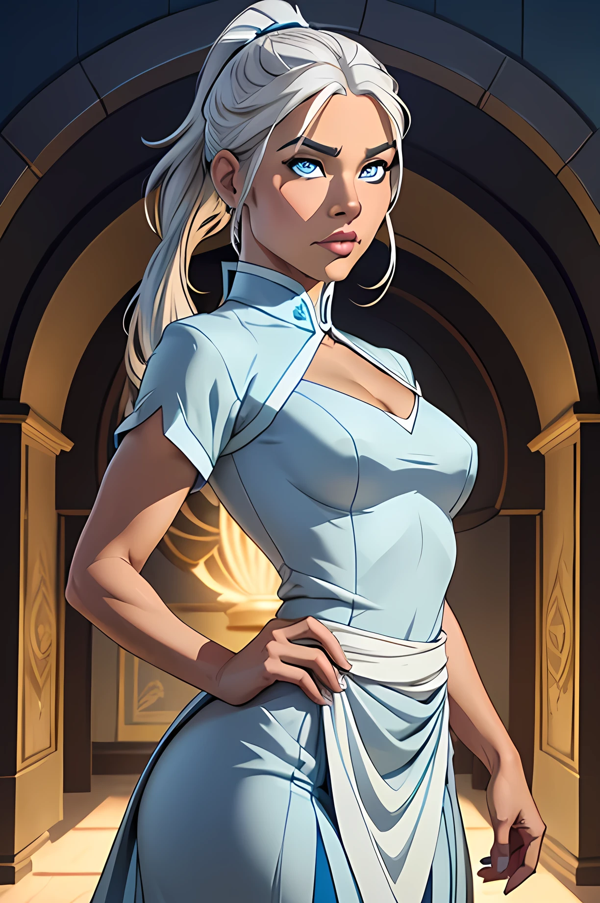 ((ultra quality)), ((masterpiece)), Kya,  Avatar: The Legend of Korra character, ((medium length light gray white hair tied in a ponytail)), (beautiful face), (beautiful female lips), (), charming, (light blue long short sleeve evening dress), ((firm facial expression)), look at the camera, (medium skin color), (brown skin), ((detailed eyes)), ((light blue eyes)), (thick female lips),(Dark eyeliner), (beautiful female hands), ((ideal female figure)), thin waist, small breasts, Hand on waist