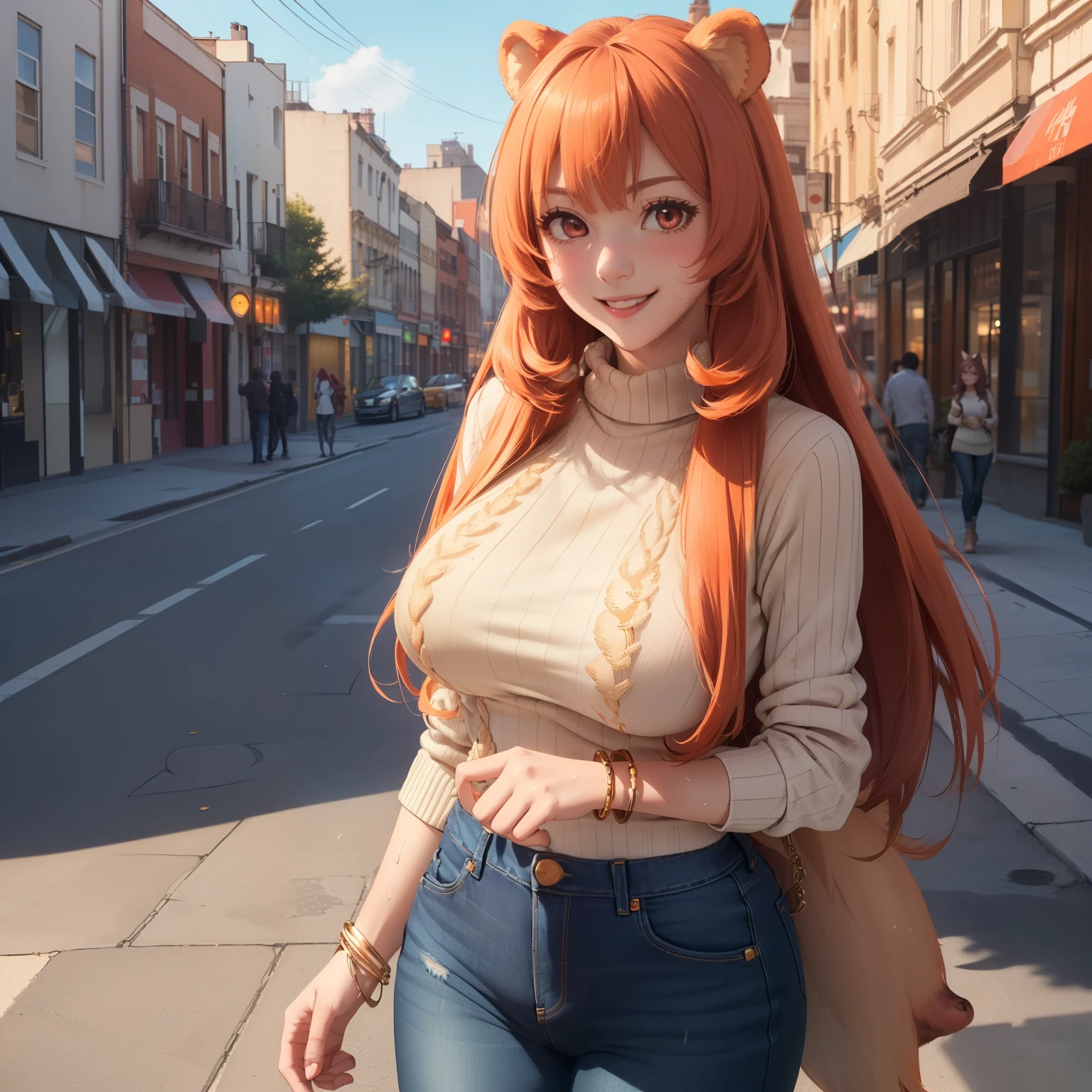 ((masterpiece)) ((The best quality)) ((ultra detailed)) ((1 woman)) ((raphtalia)) ((sweater)) ((fitted jeans)) ((Long orange hair)) ((long silky hair)) ((bear ears))((red eyes like rubies))  ((sweaty body))  ((Attractive eyes))  ((Slim body)) ((high resolution shadows)) ((attractive colors)) ((blue sky))  ((gold bracelets))  , light shadows.((bear ears)) ((raphtalia)) ((very big breasts))(( happy smile)) 1 woman only, lonely girl.(( background streets of a modern city))