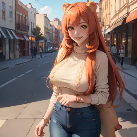 ((masterpiece)) ((the best quality)) ((ultra detailed)) ((1 woman)) ((raphtalia)) ((sweater)) ((fitted jeans)) ((long orange hai...