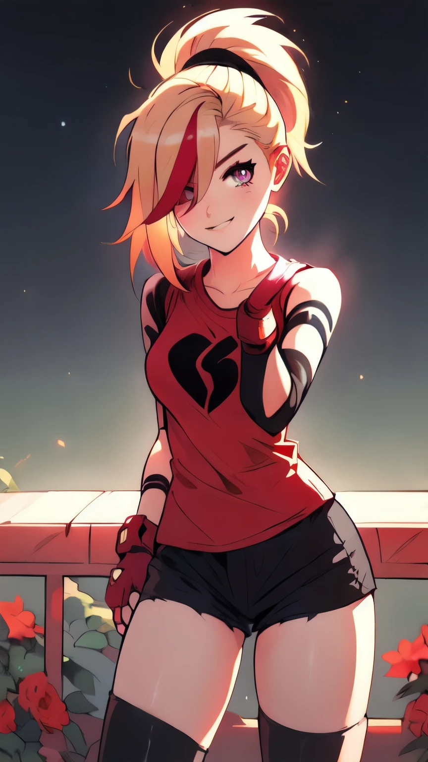 (best quality:1.2),solo,1girl,mdrin,smile,looking at viewer,lovely pose, ponytail,v-shaped eyebrows,red shirt, fingerless gloves,black shorts , garden background, warm color tones,soft lighting, Hair over one eye, ultra long hair, standing on hooftop, long boots, long ponytail, blonde 