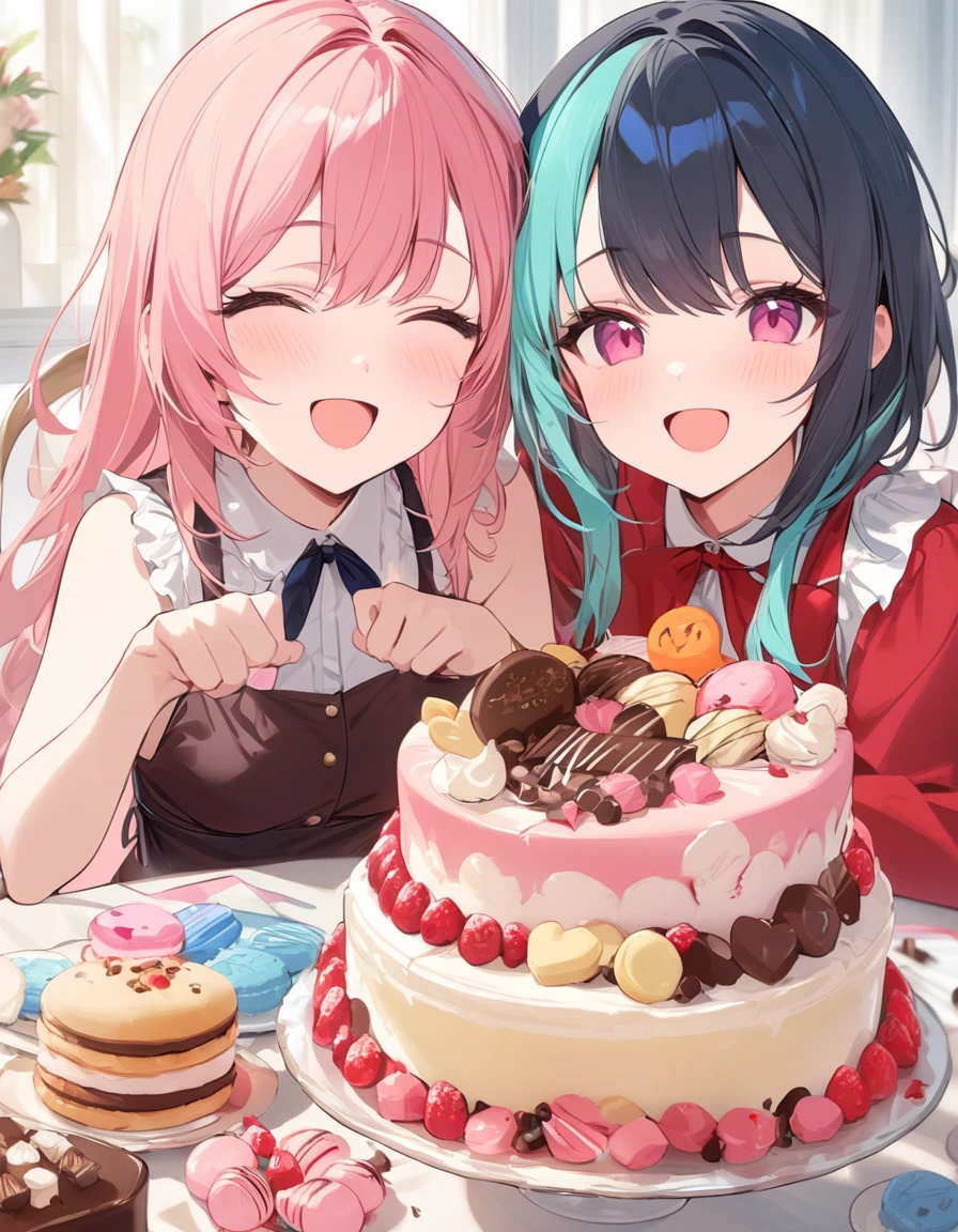 (masterpiece, Best Quality:1.2), 2 girls, Multicolored Hair, Random cute faces, Very happy smile, Open your mouth, Group photo,  Sweet treats, Lots of cakes, Macaroons, chocolate, perfection, Biscuits,