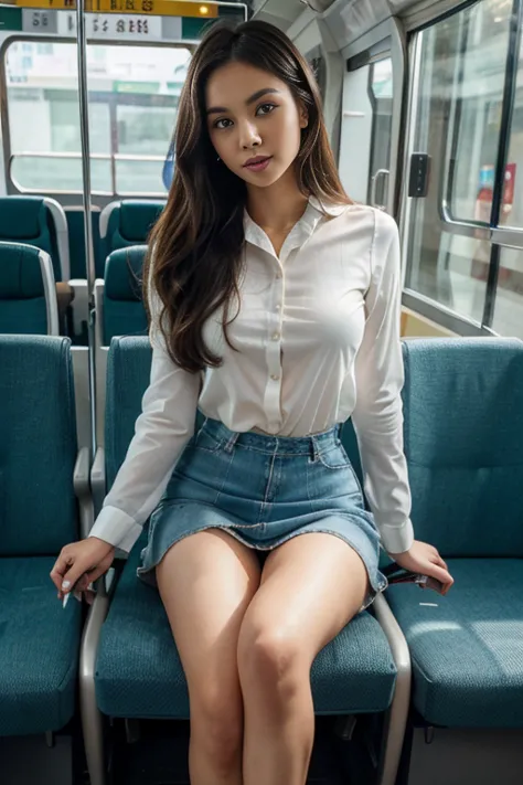 siting straddeled spreading  rather wide legs  cheerful on low chair in bogor  city's  mass transportation  to her office, a swe...