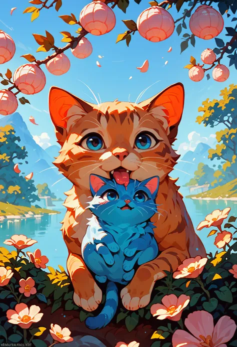 score_9, score_8_up, score_7_up, an adorable cat frolicking, ambient spring, white,blue and pink tetradic colors