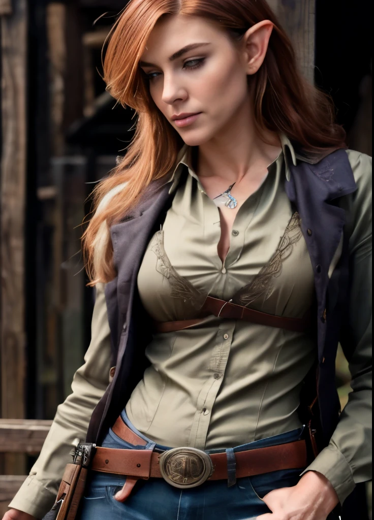 Same exact elven transwoman, zoom frame out, pull view back, fix eyes, softer facial features, pretty, perfect human proportions, fix hands, make clothes more cowboy and wild west, identical head, fit and toned athletic, gunslinger, holstered guns, gun belt, pants bulge, fix hands, remove loose hair on shirt, pointed ears swept back points, no hat, masterpiece, detailed, best quality high resolution 8k, fix eyes, award-winning photo, gorgeous transwoman, pants bulge, shoulder length short dark Auburn hair, Germanic features, outdoors, wearing long johns with pants bulge, cowgirl, no hat or headwear 