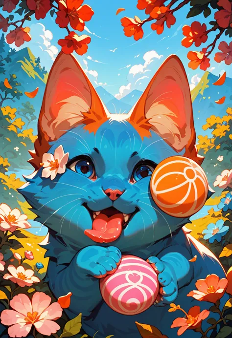 score_9, score_8_up, score_7_up, an adorable cat frolicking, ambient spring, white,blue and pink tetradic colors