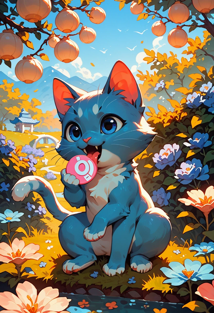 score_9, score_8_up, score_7_up, an adorable cat frolicking, ambient spring, white,blue and pink tetradic colors