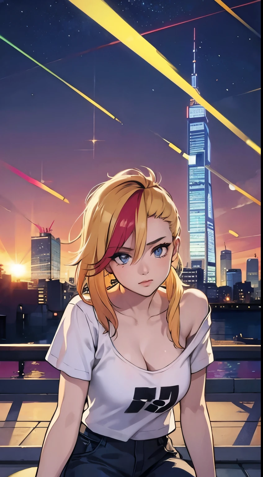 NY, (gradient hair, dutch angle:1.3), film grain, chromatic aberration, city, masterpiece, best quality, raw photo, photorealistic, absurdres, 1girl, cute, perspective, cowboy shot, highres, ultra detailed, detailed eyes and face, sharp pupils, realistic pupils, sharp focus, summer, night,