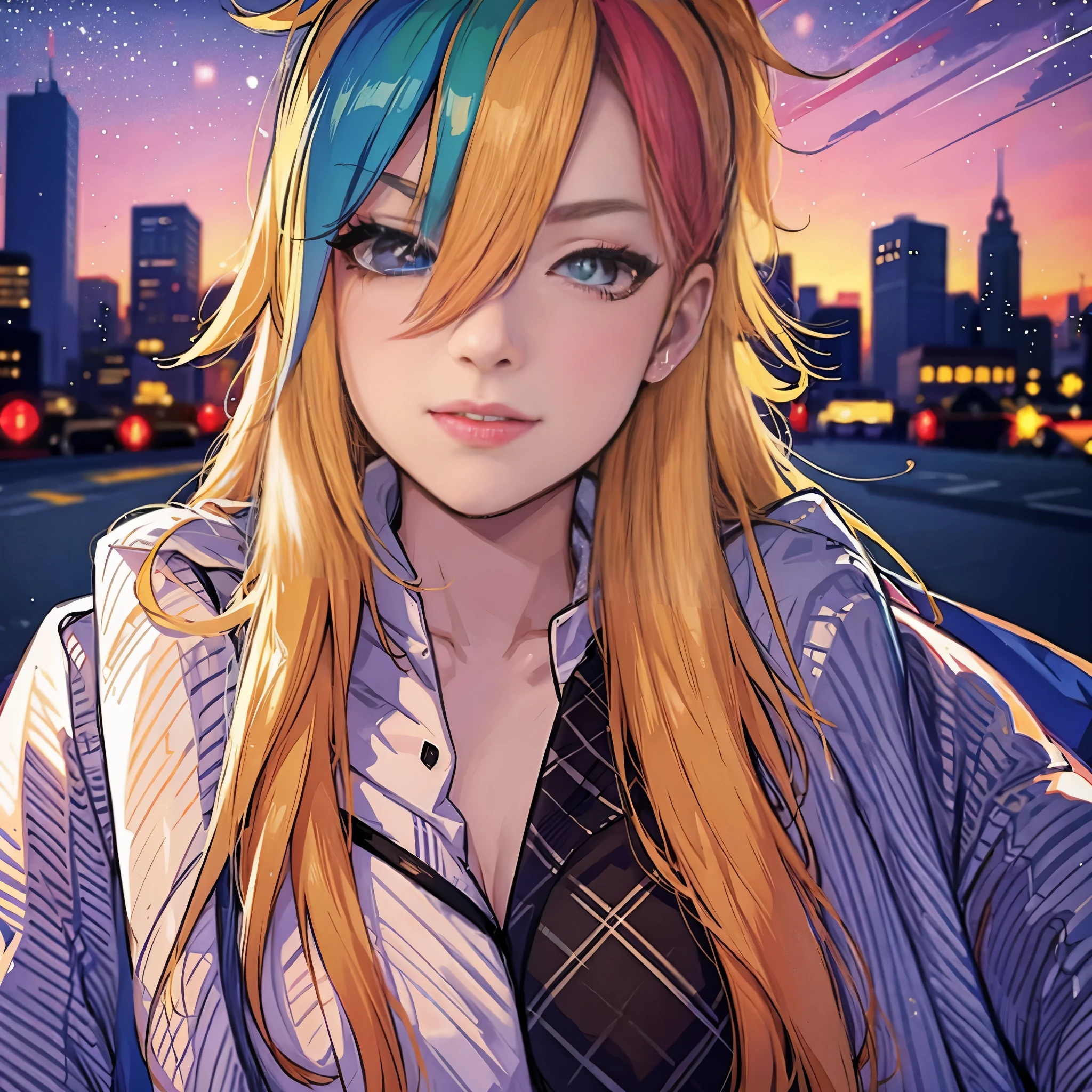 NY, (gradient hair, dutch angle:1.3), film grain, chromatic aberration, city, masterpiece, best quality, raw photo, photorealistic, absurdres, 1girl, cute, perspective, cowboy shot, highres, ultra detailed, detailed eyes and face, sharp pupils, realistic pupils, sharp focus, summer, night,