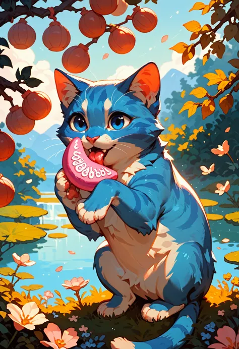 score_9, score_8_up, score_7_up, an adorable cat frolicking, ambient spring, white,blue and pink tetradic colors