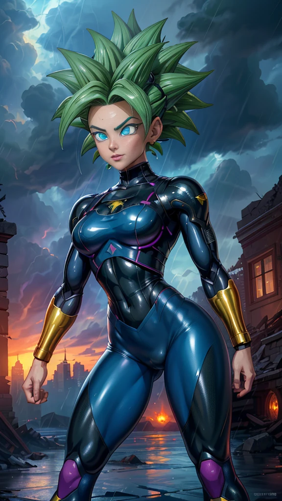  (THE ,high resolution,Ultra Detailed,Practical),Kevlar [Dragon Ball Super),(Green full hair :1.4) ,(Abdominal muscles,Fitness 1.3) ,Red cropped top,Pink and purple leggings (Future Fighting Suit/shackles:1.4),,(Cyberpunk ruins background of ruins dungeon :1.4 ), More detailed 8K.The motor is not real:1.4,Ultra HD,THE :1.4, Realistic:1.4, Skin texture:1.4, masterpiece:1.8,First Job, ,Object Object], (Delicate facial features:1.3),(Correct proportions),(Beautiful blue eyes:1.4 ),  (Dynamic cowboy pose), (Kevlar Dragon Ball Super:1.4), (Perfect anatomical structure :1.4),( movie lighting :1.4), (Kevlar Dragon Ball Super V2.1),( Background with thunderstorm and rain clouds :1.4), (Facial details: 1.5, Bright blue eyes, Beautiful face, Beautiful eyes, Iris outline, Thin lips: 1.5, Thin, Light eyebrows, Long, Black eyelashes, Double label),