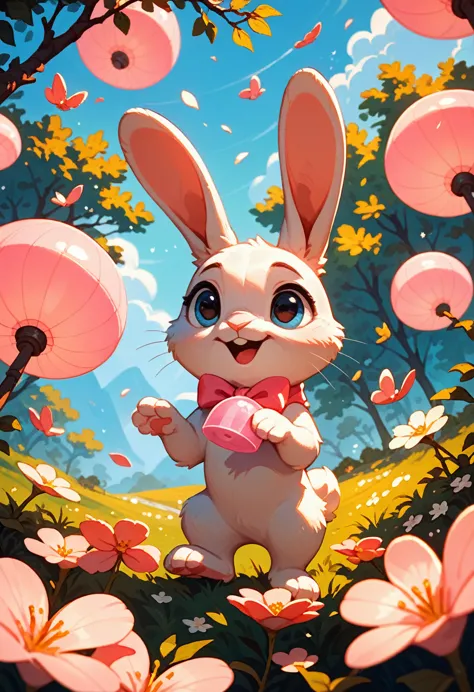 score_9, score_8_up, score_7_up, an adorable bunny, ambient spring, white and pink tetradic colors