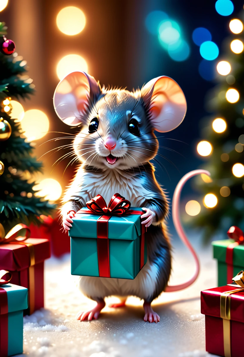 ultra detailed cute mouse holding a Christmas gift, shimmer, bokeh