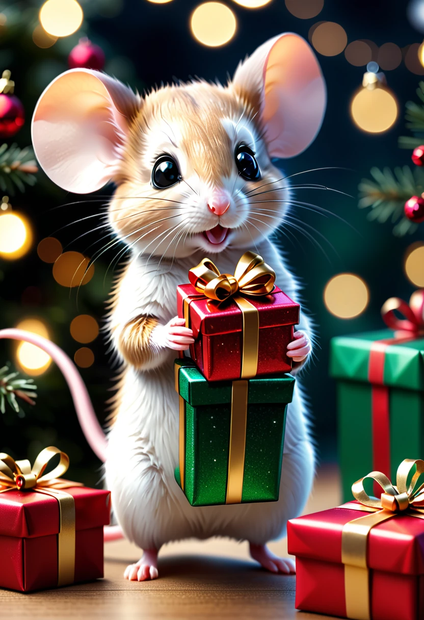 ultra detailed cute mouse holding a Christmas gift, shimmer, bokeh