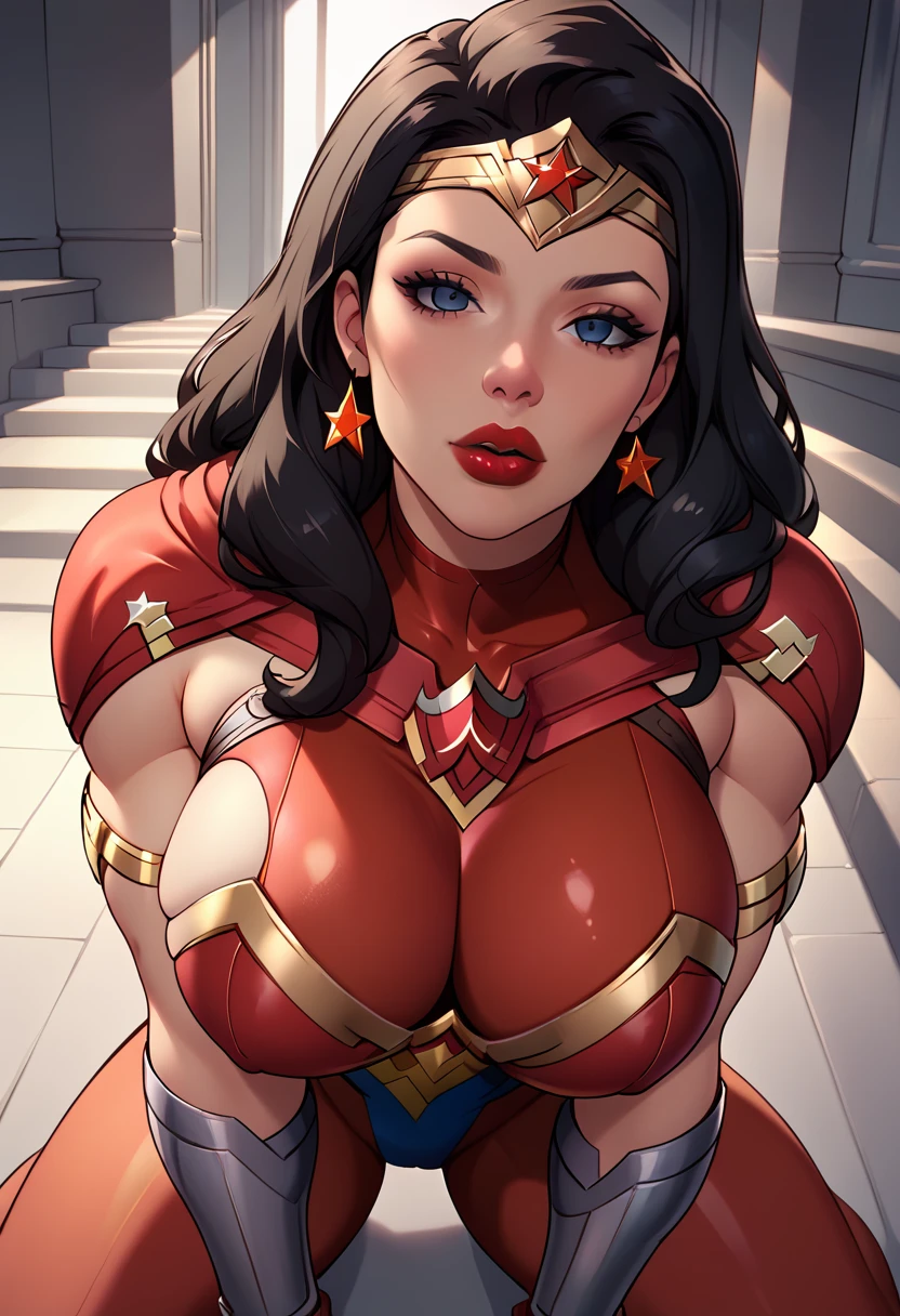 Wonder Woman,  by princess diana comics , black hair , stairs , red lipstick , superheroine , the fall of a heroine , mind controlled by you,  your body surrendered to your control , empty eyes expressionless,  kneeling taking off her armor , tall woman , big breasts , stares at you , domination giving you a blowjob 