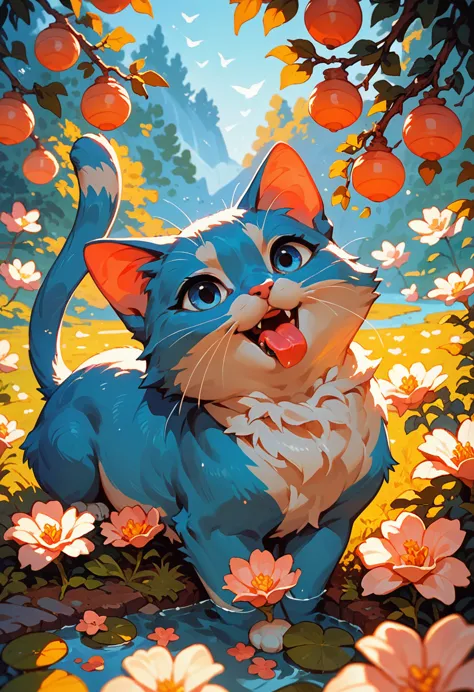 score_9, score_8_up, score_7_up, an adorable cat frolicking, ambient spring, white,blue and pink tetradic colors