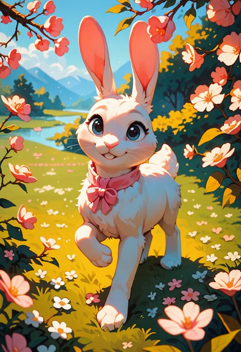 score_9, score_8_up, score_7_up, an adorable bunny, ambient spring, white and pink tetradic colors