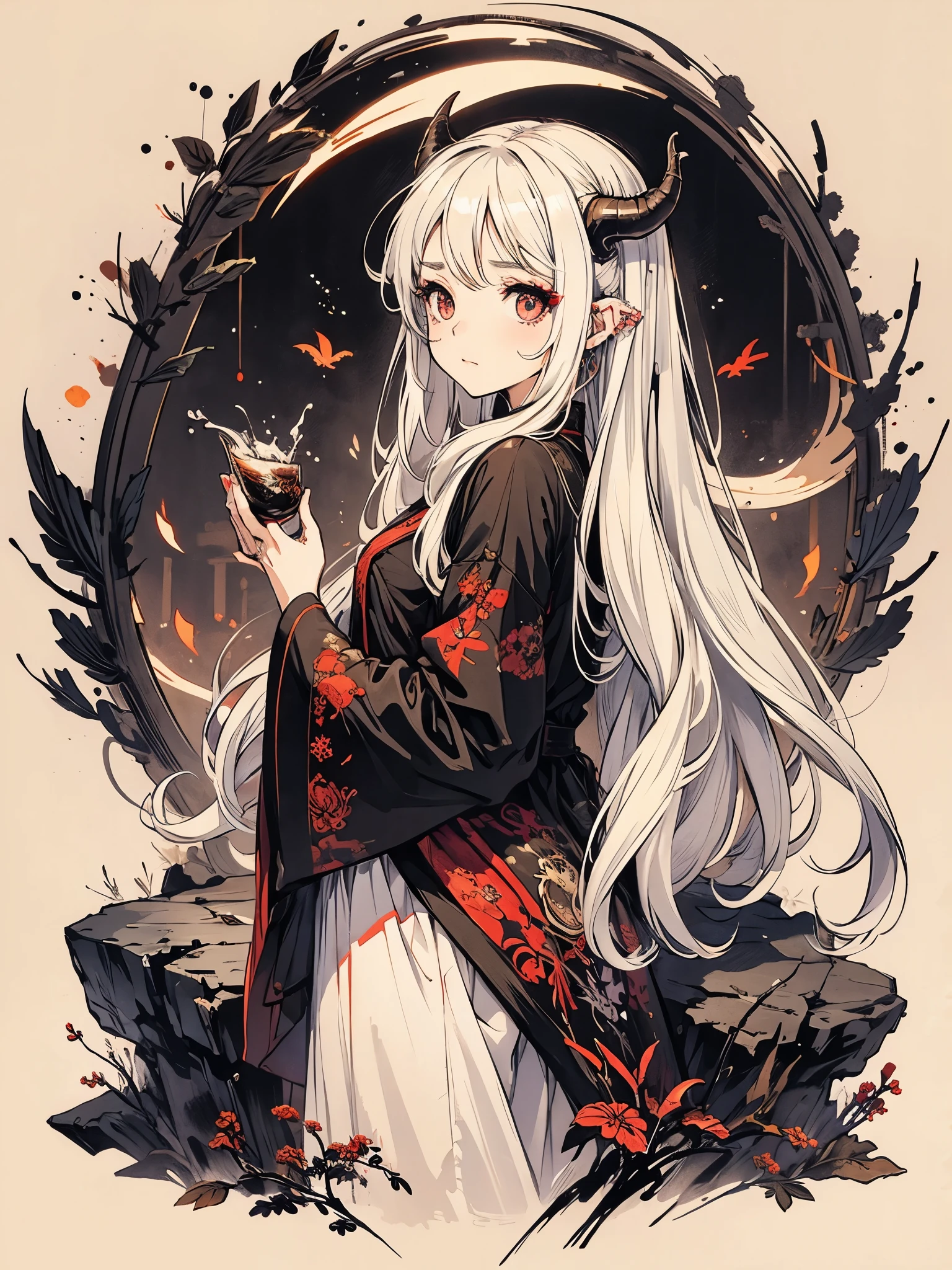 demon girl, white long hair, long sideburns, Dragon Eyes