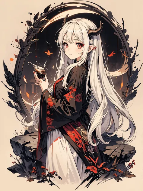 demon girl, white long hair, long sideburns, dragon eyes