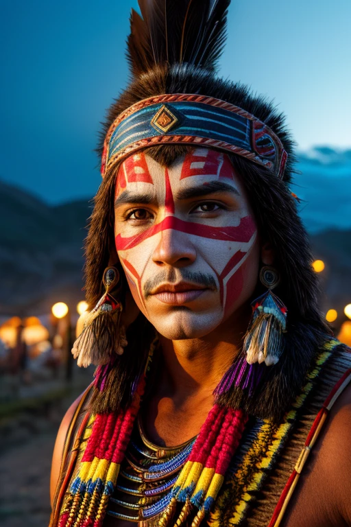 A photorealistic Native American warrior, extremely detailed face, detailed eyes and lips, wearing tribal clothing, prancing amidst an evening landscape, skull face paint, calling others to join and rejoice, stunning colors, dramatic lighting, intricate details, digital art, matte painting, highly detailed, masterpiece, 8k, hyper realistic, photorealistic, vivid colors, studio lighting, physically-based rendering, extremely detailed, sharp focus, professional