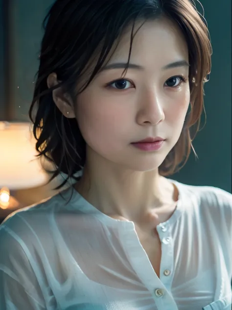 cinematic colors, beautiful japanese women, (best quality, super detailed), feminine lighting, small face、messy, bed-headed hair...