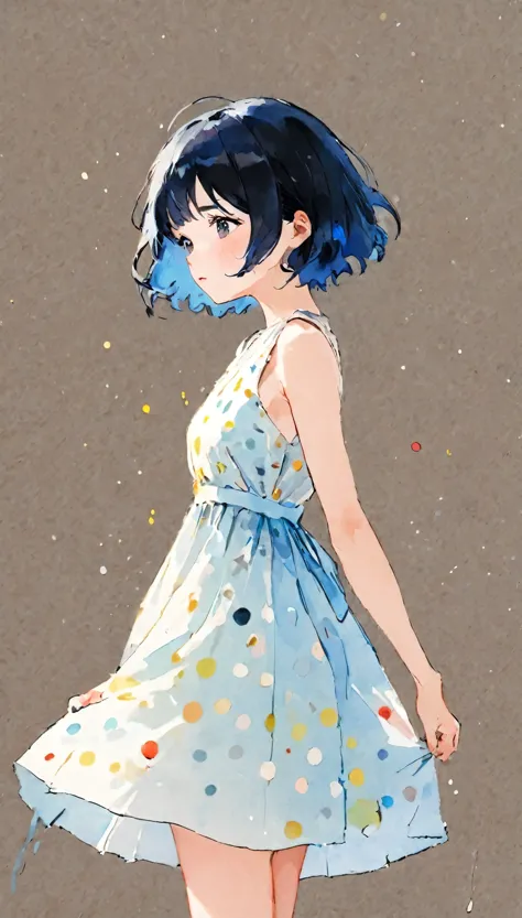 splatter background and spray paint effect, katsushika hokusai, tunic, body above the knees, multicolored hair,teary-eyed, dusk,...