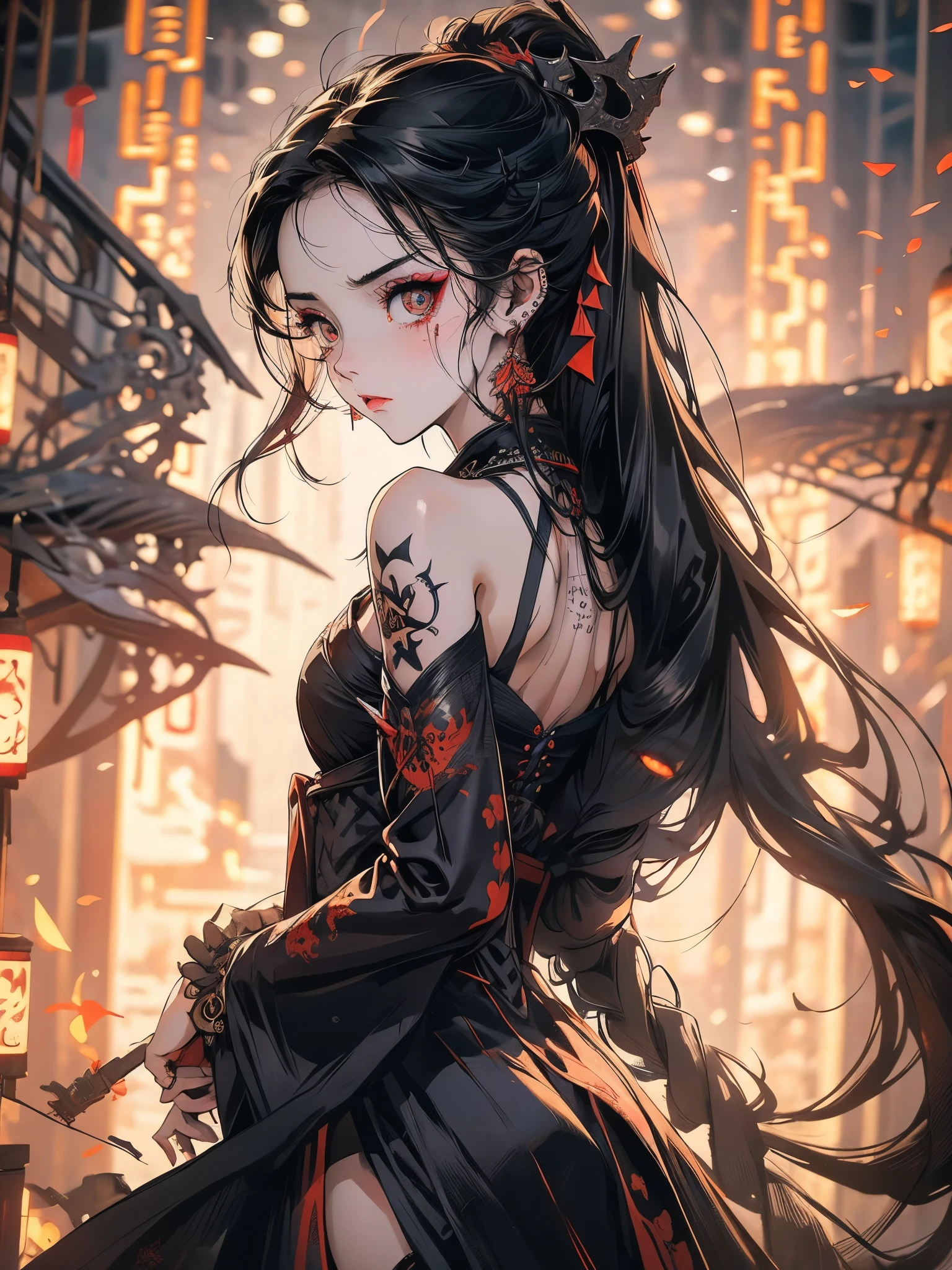 a literal darker demon girl, very very long hair white, long sideburns, dark dragon eyes, red tattoos on arm, curse, high heel flip flops, black nails, large earrings with pentagrams, circulo de exagrama in your background, inverted cross, face with a dark expression (((left, sombrio, gore, crazy, bestial, brutal))),
