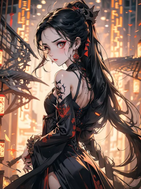 a literal darker demon girl, very very long hair white, long sideburns, dark dragon eyes, red tattoos on arm, curse, high heel f...