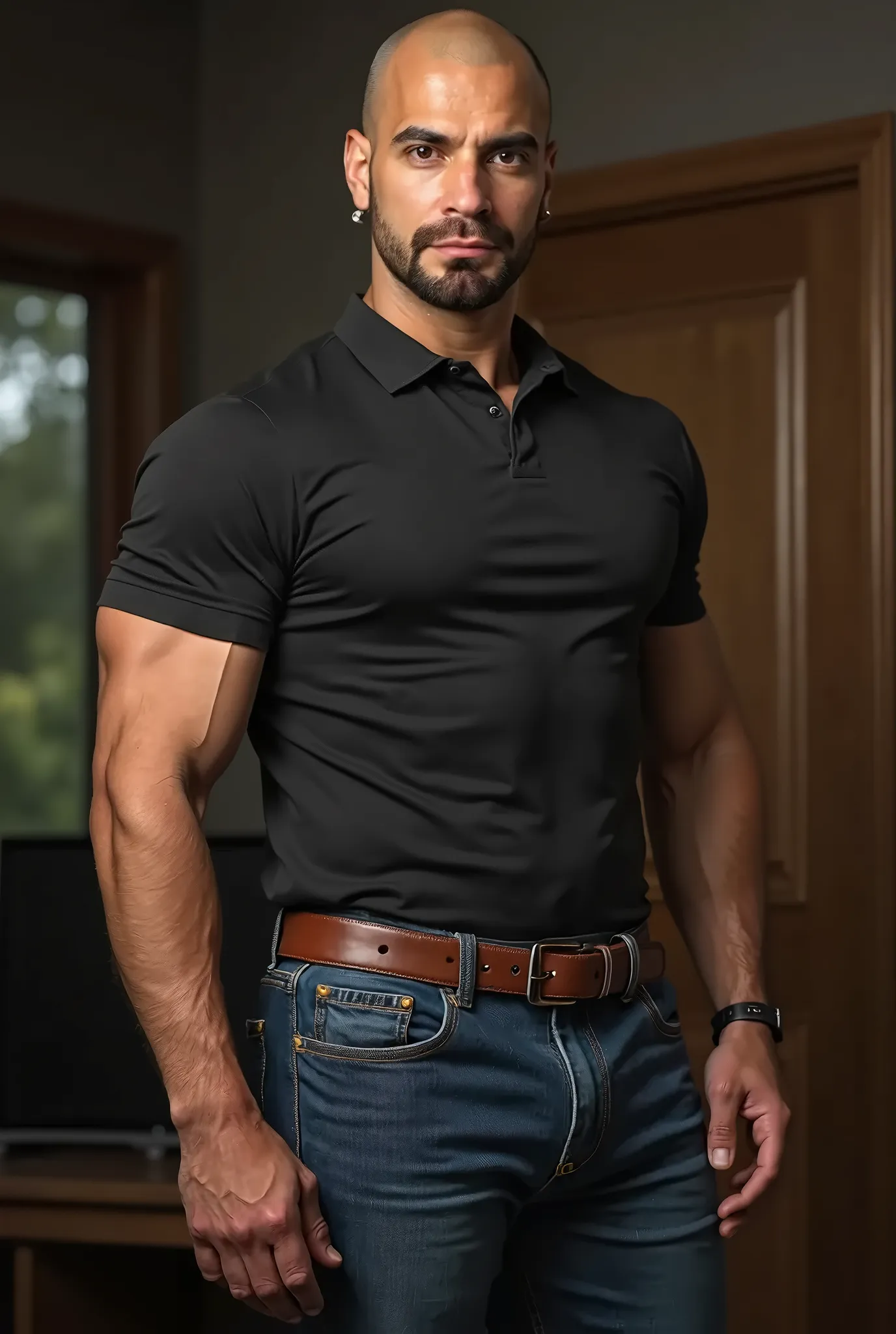 Realistic human photo, Eddy Vazquez, Athletic muscular bald man, backwards, with a very short beard,  a very discreet little earring, sexy AND handsome man in a black shirt and thight dark blue jeans , 35 years, perfect hands, brown belt, Big muscles,  muscle shirt, (((Big Bubble butt))) (((Big butt))) profile, looking ahead, very big butt, Fajado,  are over, in house, backwards, very big butt