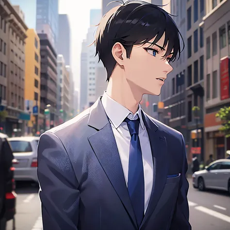 upper body、profile、
shiny skin, masterpiece、Best Quality、(2 male:1.5) and (Black short hair) and (blue eyes), 
 (Wearing a suit:1.5) and (Blue tie)、
serious,open mouth,The background is a busy street、(alone:1.5)