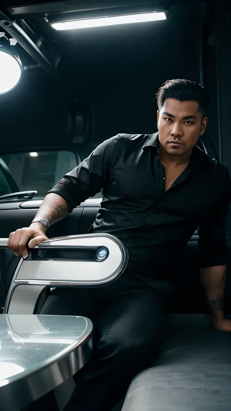 Lifestyle photography. a handsome Indonesian man, slick back hair style, slightly overweight, in trendy and cool clothes is leaning on a chair. The background is a futuristic BMW concept car with a sleek, streamlined design, featuring gull-wing doors and a large central grille. The car is silver with red accents and sits on a set of large black alloy wheels. dark tunnel with bright light.