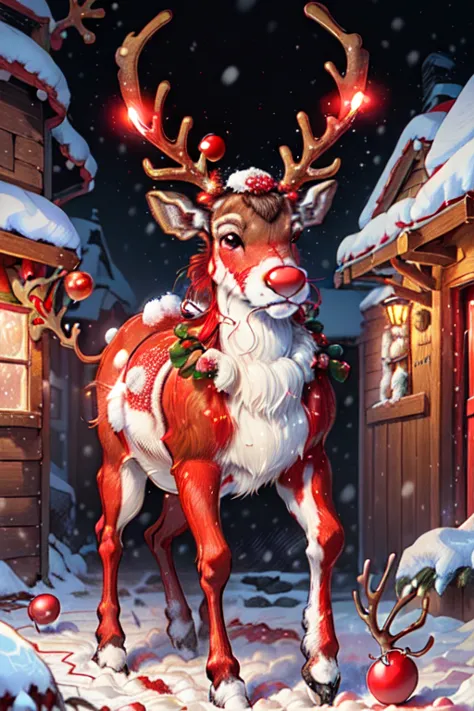 ((((red nose reindeer, rudolph_the_red_nosed_reindeer, red nose, red_reindeer, glowing red nose)))), snow, north pole, Santa's workshop