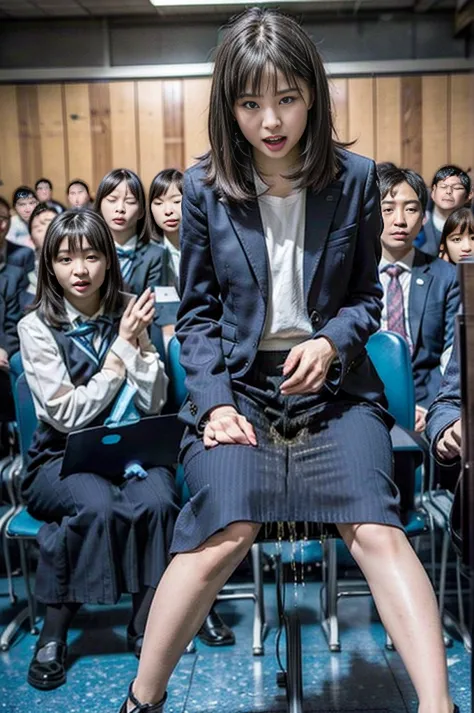 female teacher pisses、female teacher urinates at student graduation ceremony、pee leak、peeing、lots of pee、from below、gazing at th...