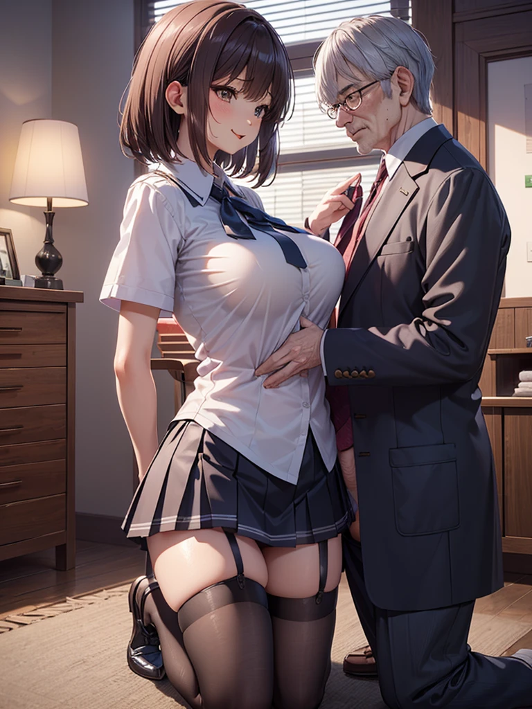 ((Best Quality)), ((masterpiece)), (detailed), One person,Age 25,uniform,student,(mini skirt),(Please open the buttons on your shirt),Shoulder Bare,Red cheeks,Underbust,(I can see your chest),(Excited expression),(Seduce),night,circuit,Dim lighting,(暗いnightの背景),(Dimly lit changing room),(Dirty changing room),Take a closer look,sexy,Side view,Obese older people,(Standing old man),(Woman kneeling in front of an old man),(Old man showing his penis in front of a woman),(Woman sticking tongue out at penis),sweat,(Black garter belt),Short Hair,Side view