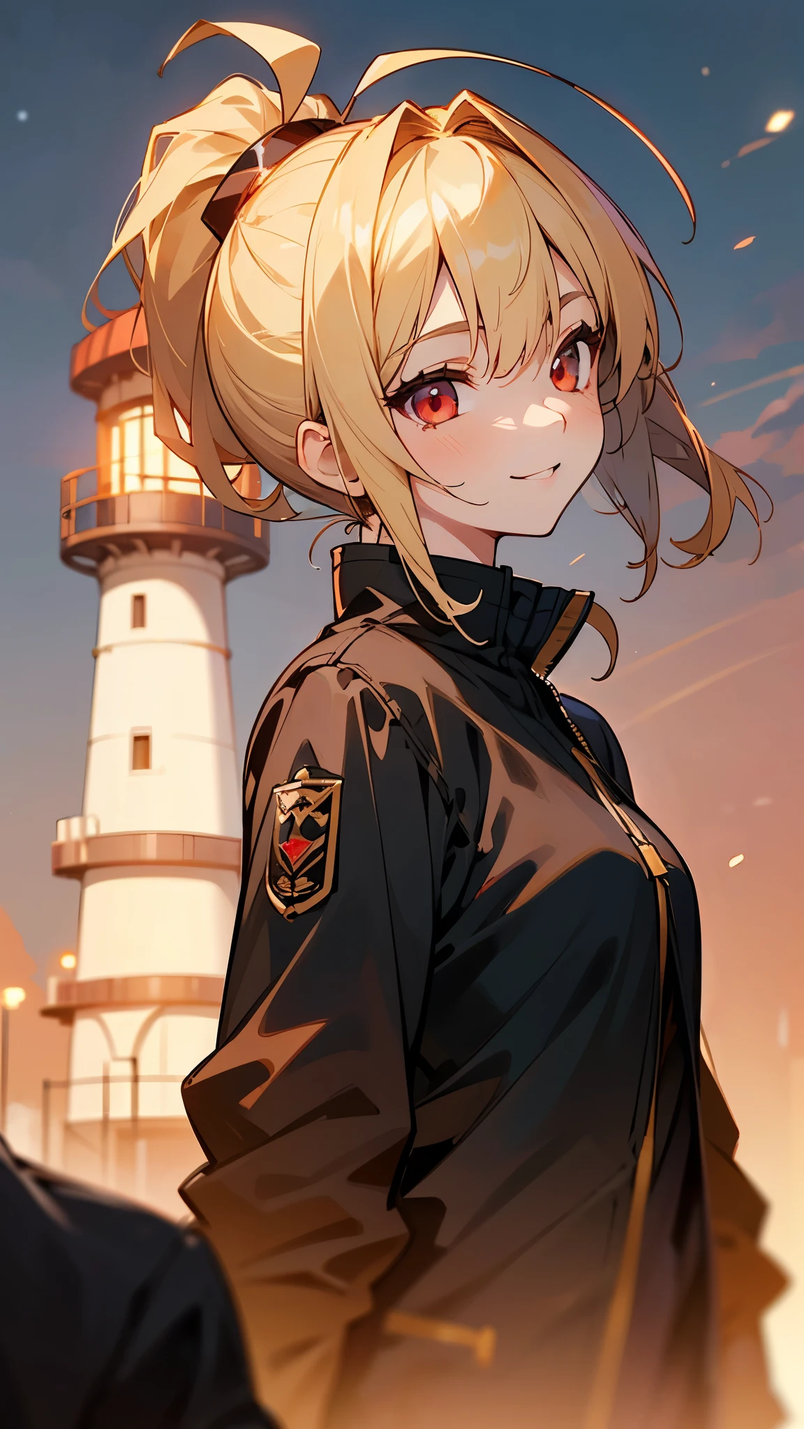 1 Girl、Sharp Focus、(Bokeh) (Best Quality) (Skin definition:1.3) (Fine details) (anime)、 age、Blonde ponytail、Ahoge、Beautiful red eyes、Black rider jacket、smile、From the side、shirt、Slender body、From the side、Upper body close-up、Golden Hour Sky、Lighthouse Background