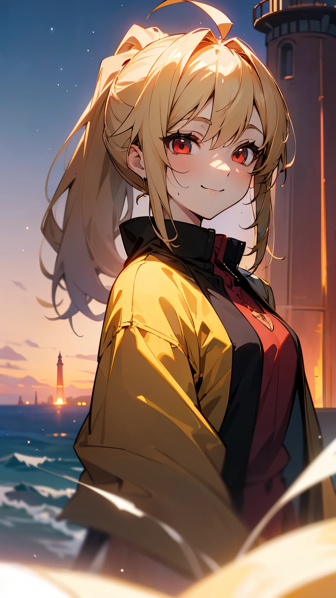 1 Girl、Sharp Focus、(Bokeh) (Best Quality) (Skin definition:1.3) (Fine details) (anime)、 age、Blonde ponytail、Ahoge、Beautiful red eyes、Black rider jacket、smile、From the side、shirt、Slender body、From the side、Upper body close-up、Golden Hour Sky、Lighthouse Background