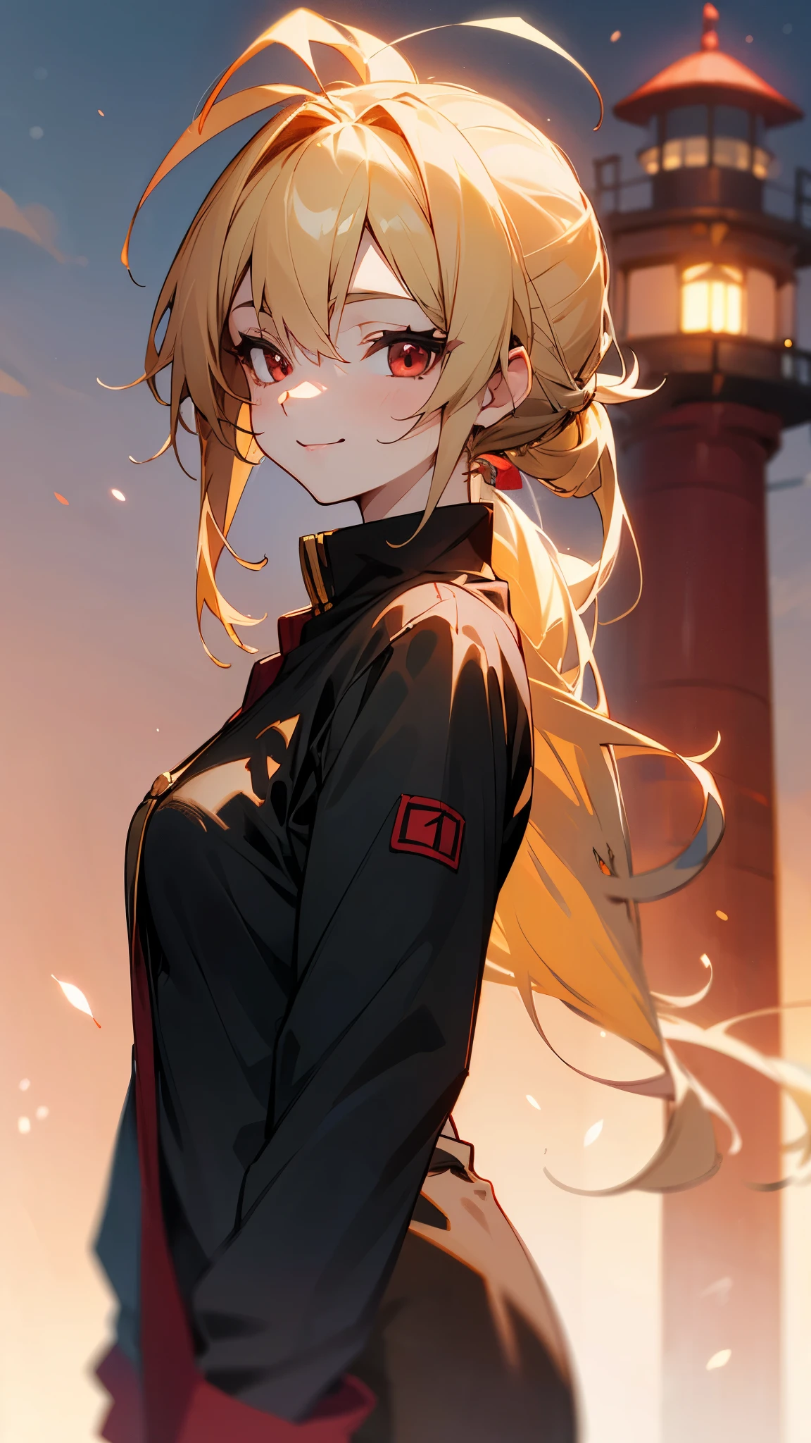 1 Girl、Sharp Focus、(Bokeh) (Best Quality) (Skin definition:1.3) (Fine details) (anime)、 age、Blonde ponytail、Ahoge、Beautiful red eyes、Black rider jacket、smile、From the side、shirt、Slender body、From the side、Upper body close-up、Golden Hour Sky、Lighthouse Background