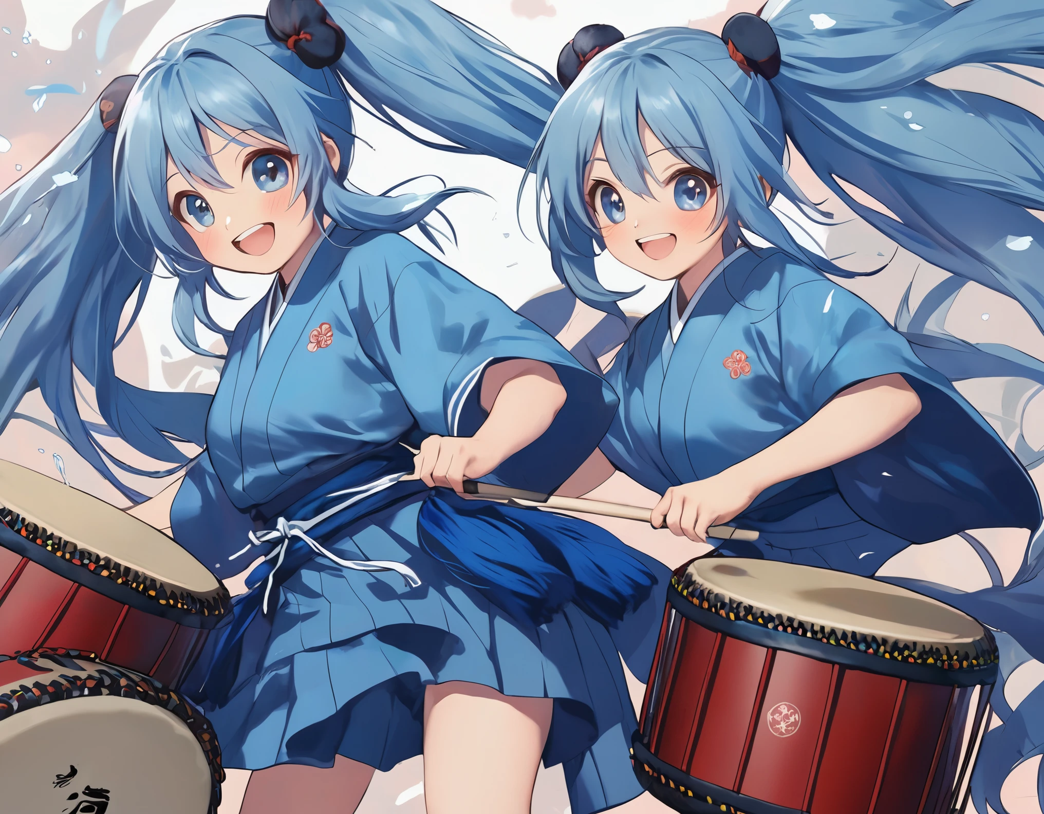 Anime Girls, Light blue long hair、Twin tails、Playing the Japanese drums、smile、