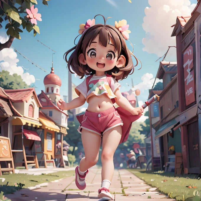 (high quality, High image quality, A historical masterpiece, Realistic anime illustrations) masterpiece, 最high quality, 1 girl, Alone, Good hips, Final, Finalty bimbo clothes, Medium chest, smile, , Final, Young girl, Spoiled Girl, Wide Hips, Pink Crop Top, Very short Bermuda shorts, Youth, In the arcade