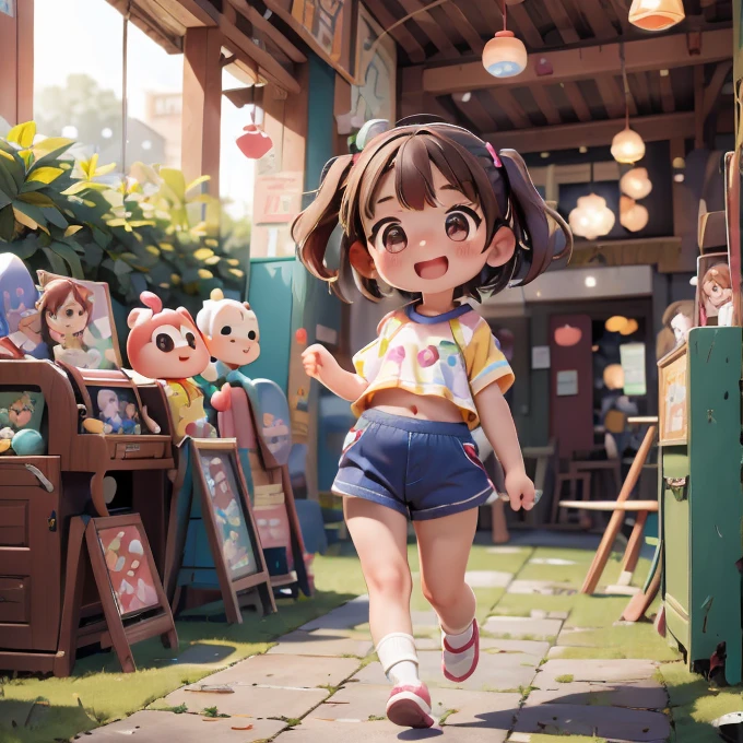 (high quality, High image quality, A historical masterpiece, Realistic anime illustrations) masterpiece, 最high quality, 小さなYoung girl1人, Alone, Good hips, Final, Finalty bimbo clothes, Medium chest, smile, , Final, Young girl, Spoiled Girl, Wide Hips, Pink Crop Top, Very short Bermuda shorts, Youth, In the arcade