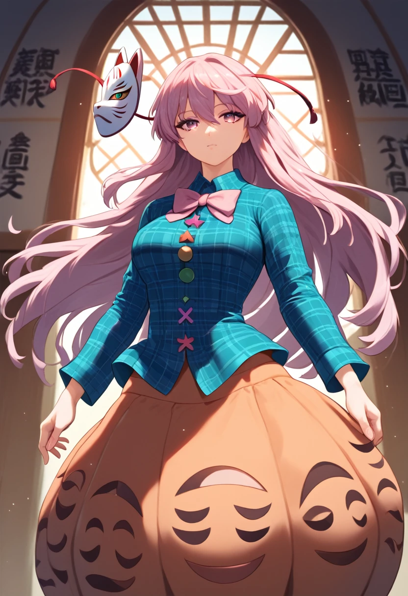 (masterpiece), (Best quality), (Very detailed), (high resolution), (8Khighres), (cel anime), (detailed beautiful face and eyes), (textile shading), (cowboy shot), (Japanese-style Room), 1girl, hata no kokoro, bubble skirt, plaid shirt, fox mask, beautiful breasts, walking, expressionless,,