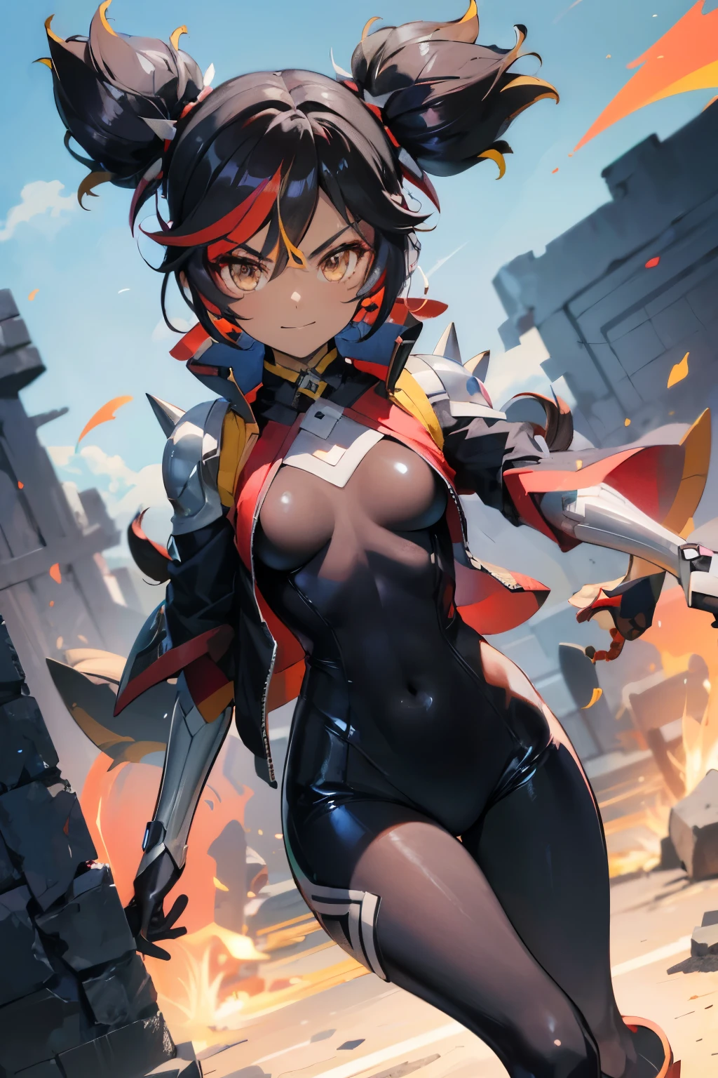 (Best quality, anime style, good anatomy)reploid armor, Xinyan(Genshin_Impact),1 girl, dark skin, brown eyes, angry, smile, black hair, short twintails, spike scrunchies, headphones, black bodysuit with red details, grey jacket, black gloves, z-saber(Megaman), grey boots, chinese ruins, colorful