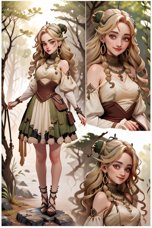 ((sepia)),illustration,vision,landscape,door,(full focus: 1.5), (full body: 1.5), (standing with legs together: 1.2), (fantasy forest halfling with shiny light blonde hair in dynamic pose, smiling and dreamily sitting on rock: 1.3), ponytail girl,((alchemist outfit))(magic wooden wand),(big breasts: 1.3),gorgeous rick shoulder,gold earrings,fishnet stockings,twin buns,(stunning face, symmetrical clear eyes, detailed eyes and face, detailed body, on), 1 girl, late teenage, serious, updo, blonde hair,cinematic lighting, shining, ((sun rays trail through lush forest trees: 1.3)), frame, character chart, cheat sheet, high resolution, masterpiece, textured skin, ultra detailed, high detail, textured skin, high detail, high quality, award, best quality, high resolution, 32K