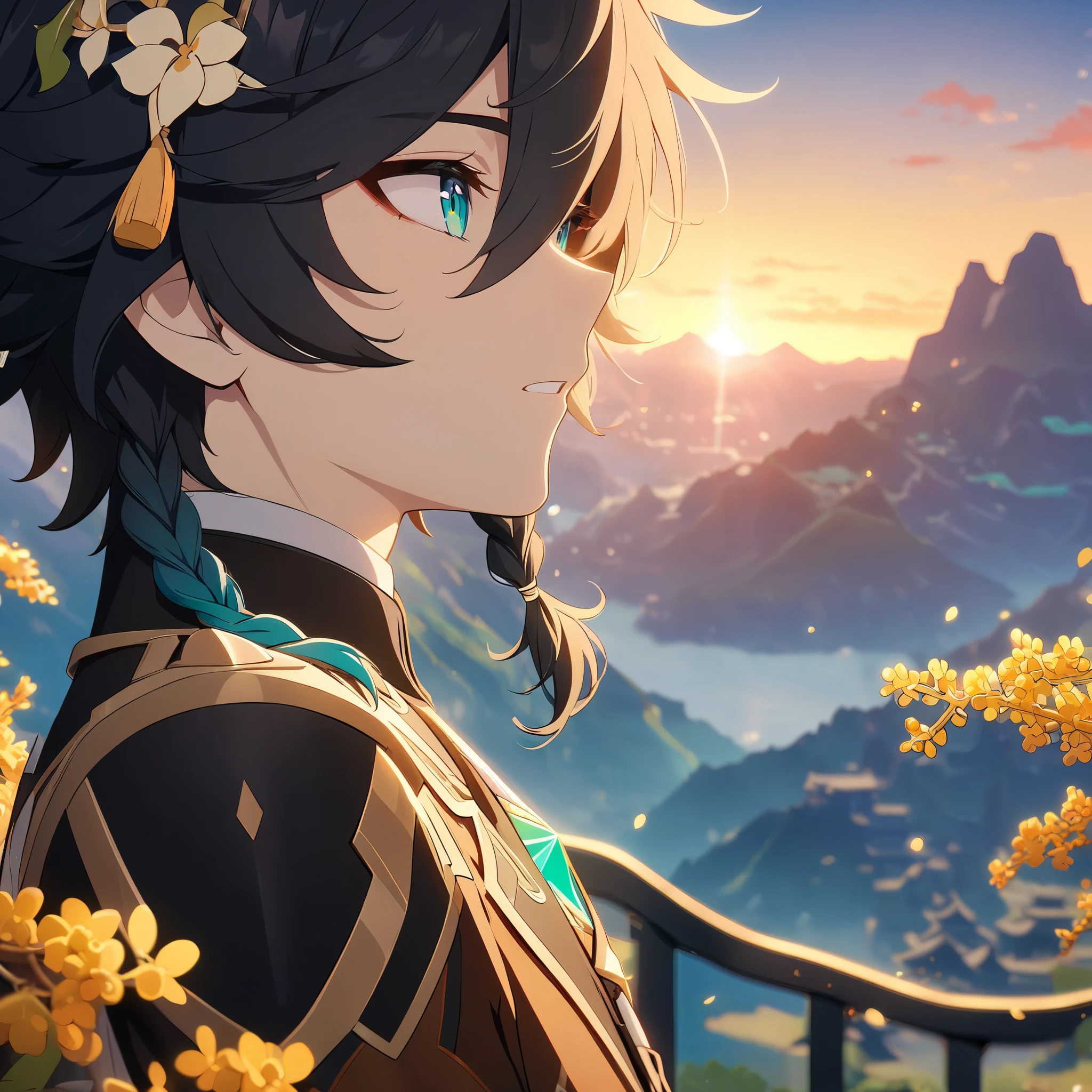 (best quality,4k,8k,highres,masterpiece:1.2),2boys,couple,zhongli_/(genshin_impact/) embracing venti_/(genshin_impact),male focus,intricately detailed,by carnelian, cel shading, fantasy china background, liyue, mountains,osmanthus flowers,male focus,romantic pair,volumetric lighting, sunset, golden illumination, wise and kind god,cinematic lighting, ray tracing, UHD, high details, high quality, award winning, super detail,vivid fantasy painting,hd color,size_difference,flat chest,close up,on a date,extremely detailed eyes and face, beautiful detailed eyes,light on face,shine skin,dark hair