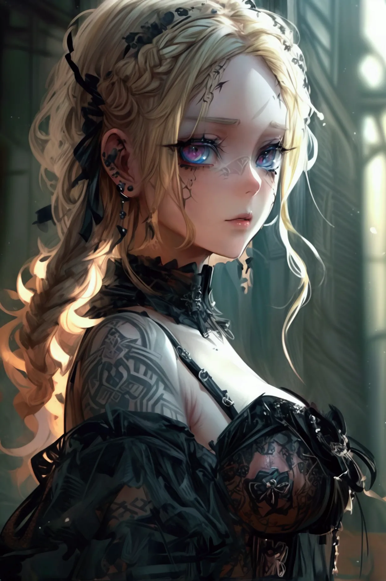 clear and detailed facial features, beautiful woman, blonde hair, braided, elegant gothic make-up, large expressive eyes, intric...