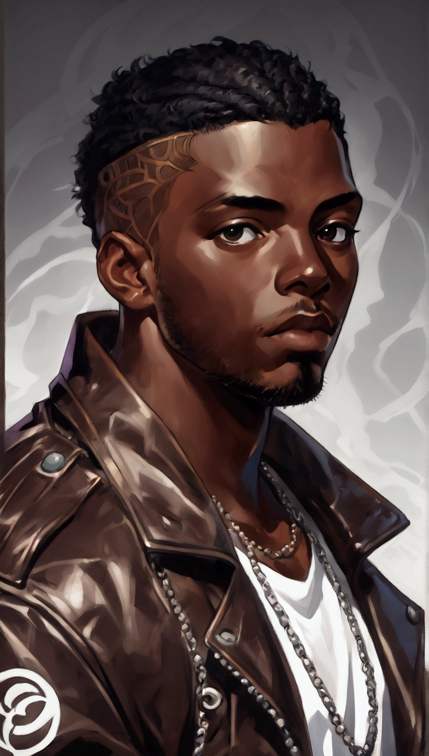 (masterpiece), (best quality), (Highres), Detailed, (Inricate Details 1.2), (Hyper Detailed 1.4), (Ornate Digital Art 1.2), half body portrait of a man with a leather brown jacket with white sleeves , handsome hip hop young black man, in style of digital illustration, rap album cover, rap album cover art, hip hop aesthetic, clean artstyle, trigger anime artstyle, phone background, hip - hop album art cover, high quality fanart, epic portrait illustration, vector style, official artwork, official artwork, cartoon art style, high quality portrait, detailed anime character art, high quality anime artstyle, close up character, loish art style, loish |, character close up, closeup character portrait, character concept portrait of male, detailed character portrait, a character portrait, character portrait of me, character portrait closeup, loish and wlop, stylized portrait