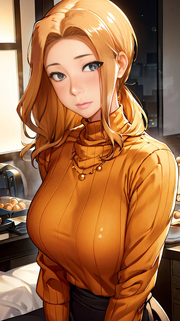 (masterpiece, Best Quality) One Girl, Kyoka Tachibana、Ashley Graham RE, Alone, Chest, View your viewers, blue eyes, shirt, Shoulder Bare, jewelry,  Big Breasts, steam,sweat,Vulgar, detailed eyes, Blonde upper body, Sleeveless shirt with lips parted, necklace, sweater, Lip Turtleneck, Bobcut, ribbed sweater, Realistic, nose, Sleeveless turtleneck, orange shirt, orange sweater,The Circumstances of the Men of the Tachibana Family