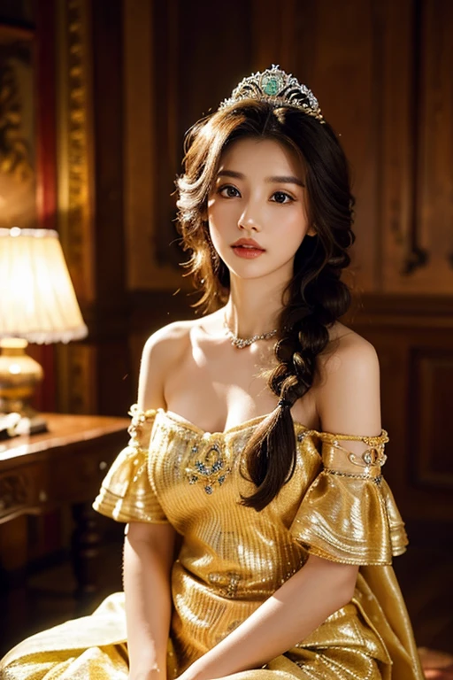  1girl,long hair,sitting,dress,solo,crown,black hair,braid,watermark,lips,blurry,indoors,realistic,bare shoulders,tiara,brown hair,breasts,makeup,curly hair,jewelry,gem,peacock style,glow,