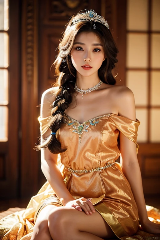  1girl,long hair,sitting,dress,solo,crown,black hair,braid,watermark,lips,blurry,indoors,realistic,bare shoulders,tiara,brown hair,breasts,makeup,curly hair,jewelry,gem,peacock style,glow,