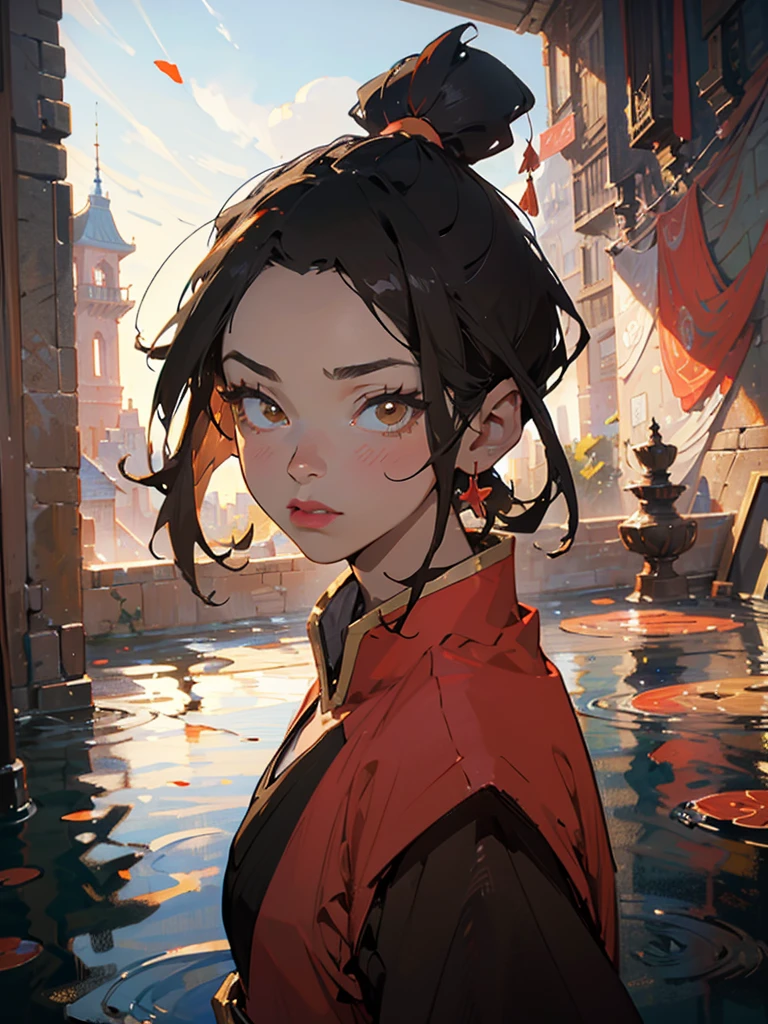 (best quality,4k,8k,highly detailed,highres,masterpiece:1.3),azula,1girl,slim girl,beautiful detailed eyes,beautiful detailed lips,extremely detailed eyes and face,longeyelashes,front,detailed face,brown eyes,big eyes,small breasts,cleavage,elegant,serene,natural lighting,cinematic,muted color palette,soft focus,big room full of planets,water