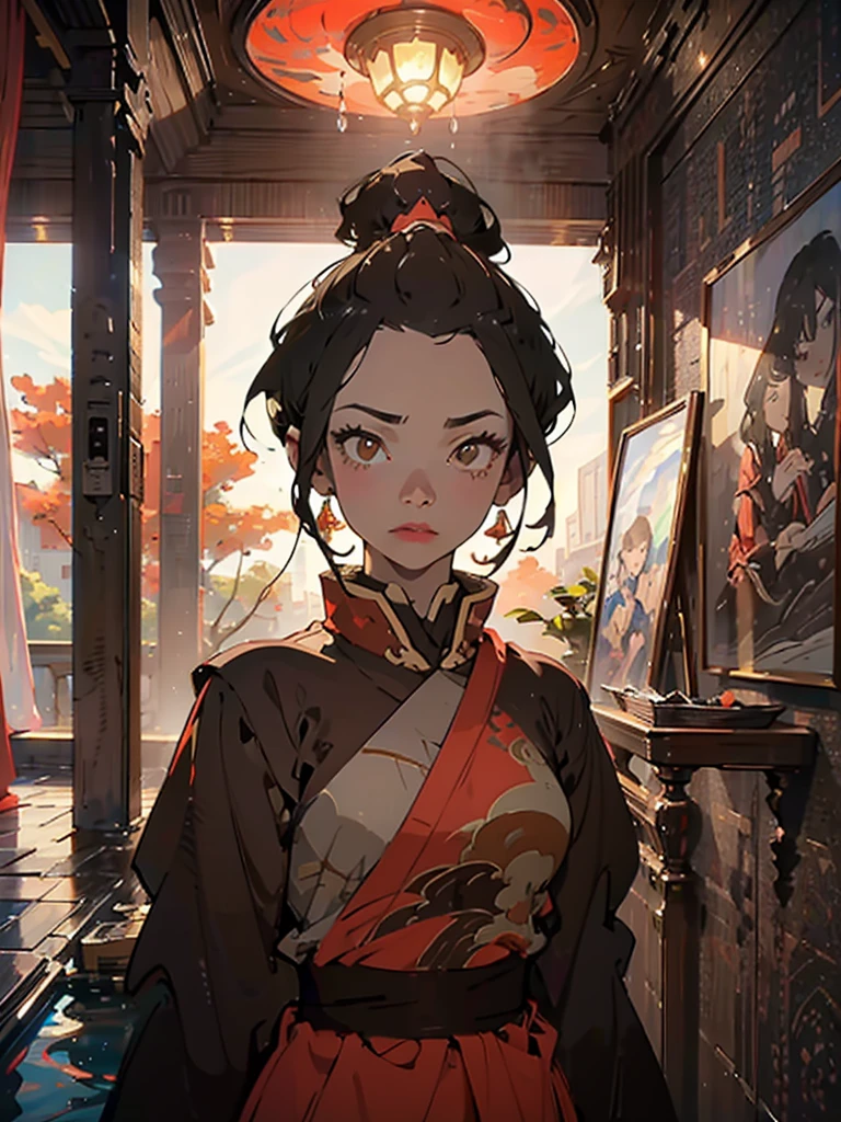 (best quality,4k,8k,highly detailed,highres,masterpiece:1.3),azula,1girl,slim girl,beautiful detailed eyes,beautiful detailed lips,extremely detailed eyes and face,longeyelashes,front,detailed face,brown eyes,big eyes,small breasts,cleavage,elegant,serene,natural lighting,cinematic,muted color palette,soft focus,big room full of planets,water